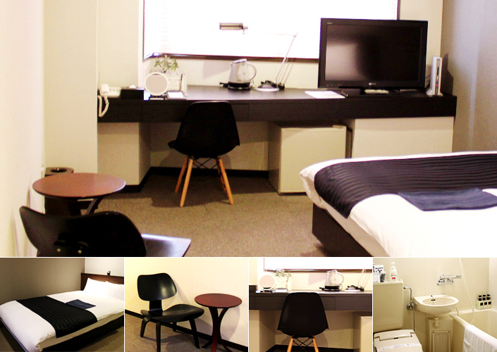 部屋は18㎡と一般的なビジネスホテルより広く、ベッドはセミダブルベッド、枕は硬軟2種類をご用意しております。